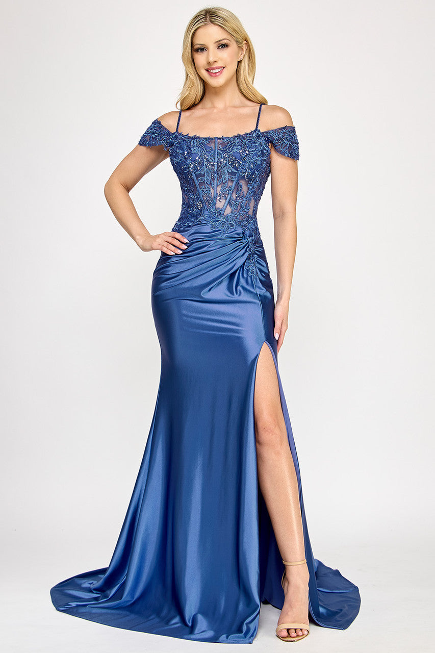 Off-Shoulder Beaded Corset Satin Gown with High Slit By Lenovia 8348