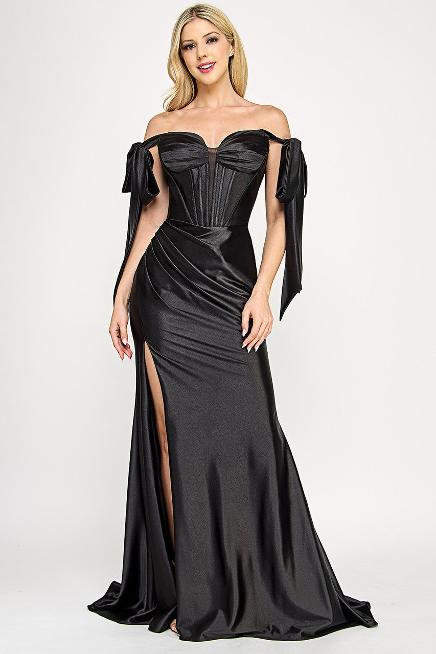 Satin Off-Shoulder Corset Gown with Bow Sleeves and High Slit By Lenovia 8401