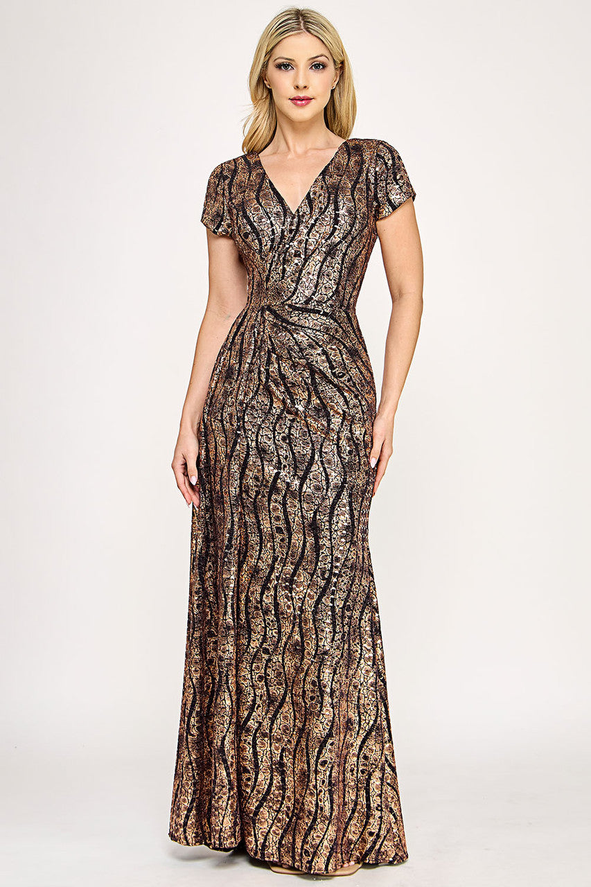 Sequin Glitter V-Neck Short Sleeve Gown with Front Slit and Low Back By Lenovia 5331