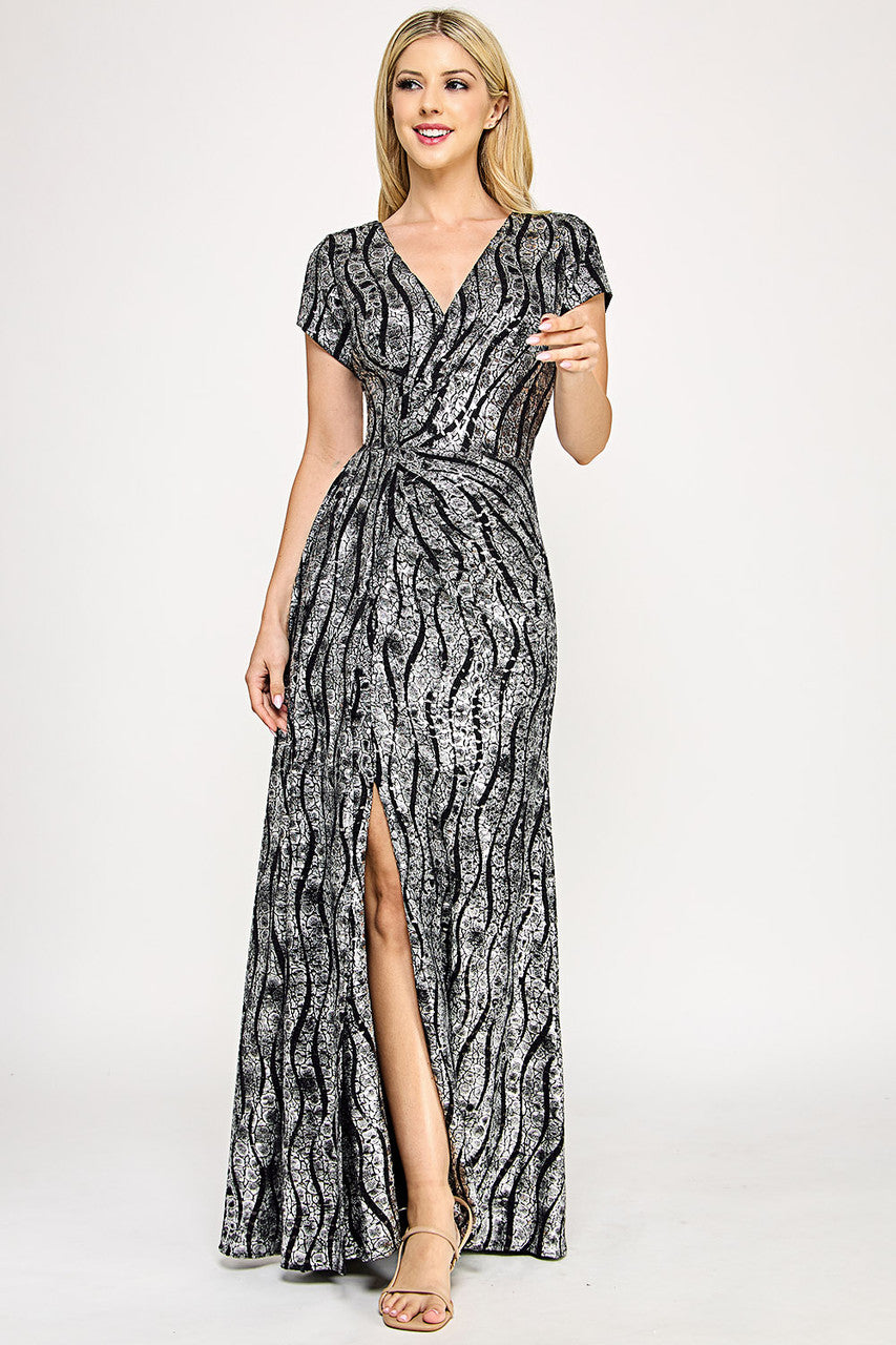 Sequin Glitter V-Neck Short Sleeve Gown with Front Slit and Low Back By Lenovia 5331