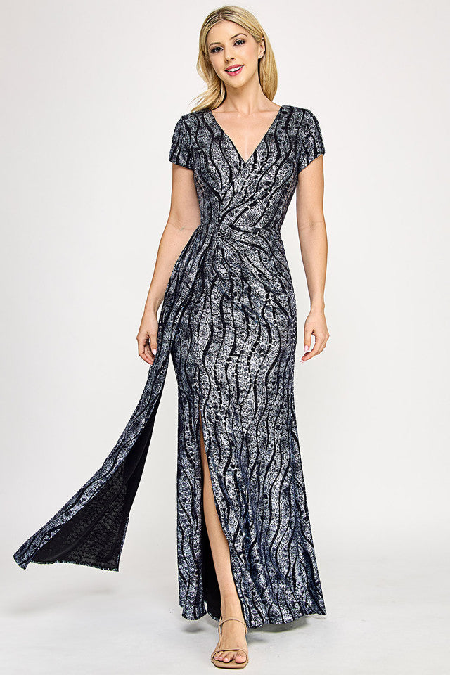 Sequin Glitter V-Neck Short Sleeve Gown with Front Slit and Low Back By Lenovia 5331