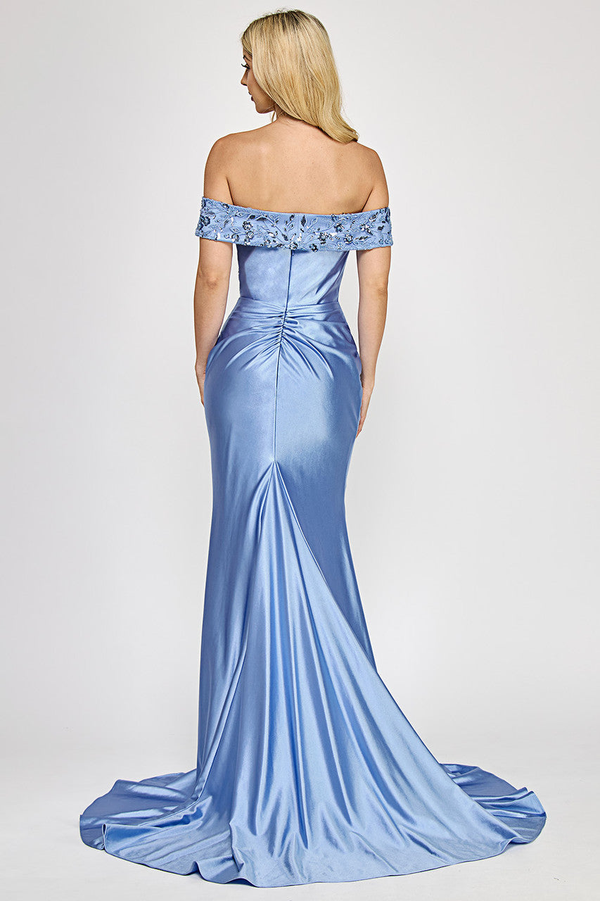 Off-Shoulder Satin Mermaid Gown with Embroidered Bodice and Front Slit By Lenovia 8353