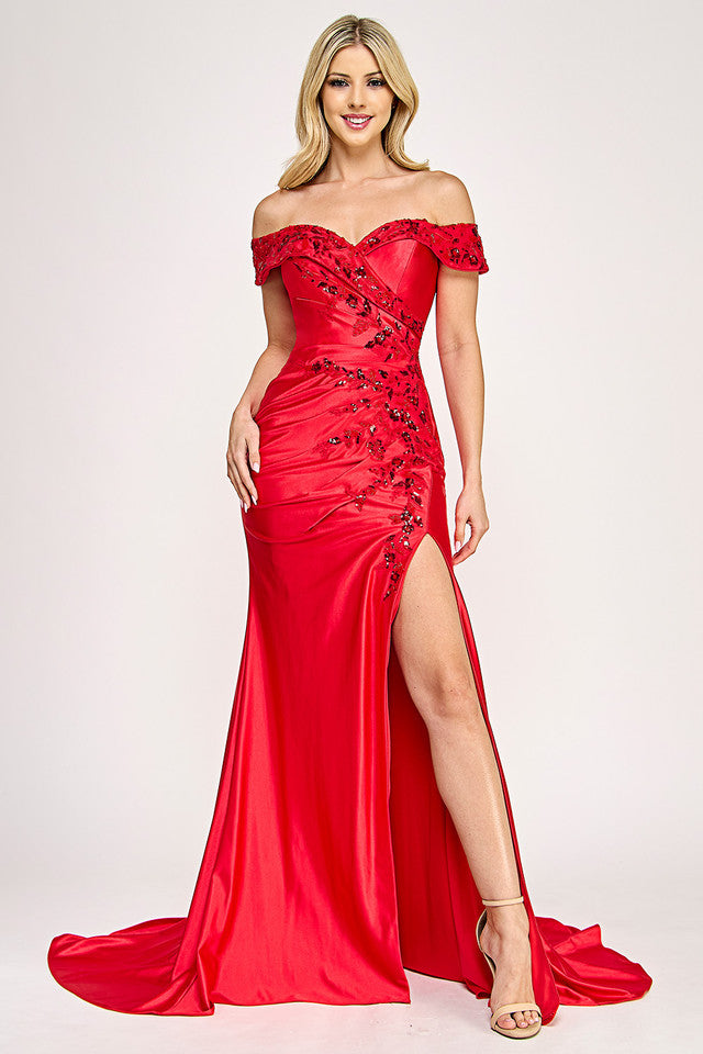 Off-Shoulder Satin Mermaid Gown with Embroidered Bodice and Front Slit By Lenovia 8353