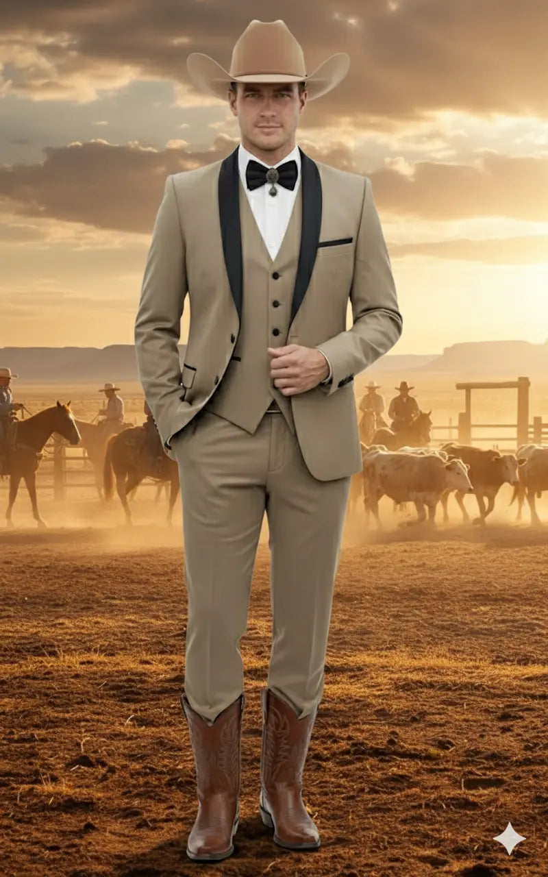 Men’s Western Cowboy Suit – 3-Piece Tan Tuxedo with Black Lapel, Vest, and Pants Beige Color