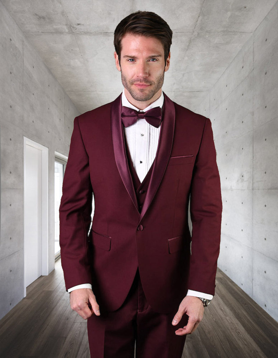 Modern Fit Burgundy Shawl Tuxedo with Vest
