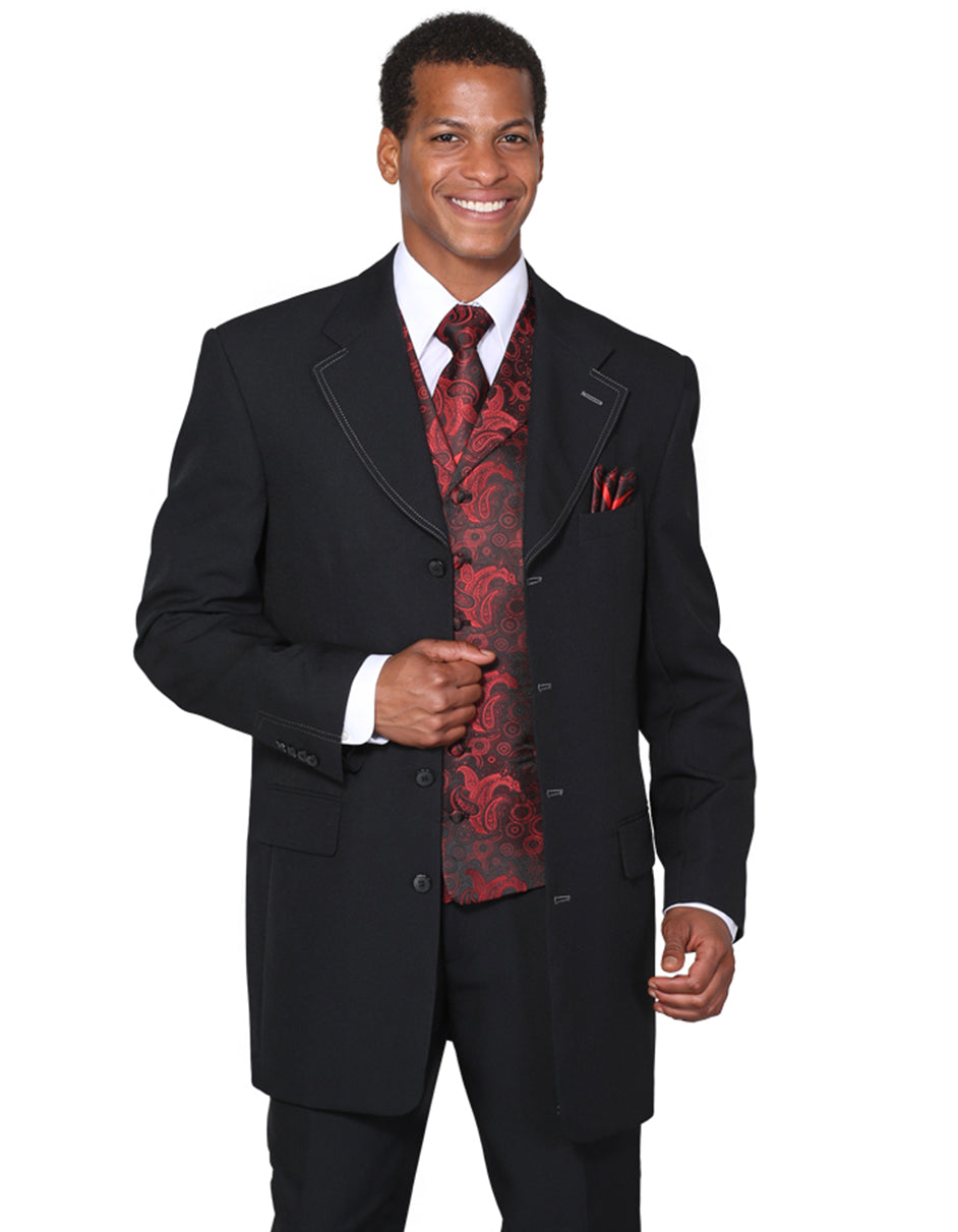 4 Button Wide Notch Lapel Black & Red Suit