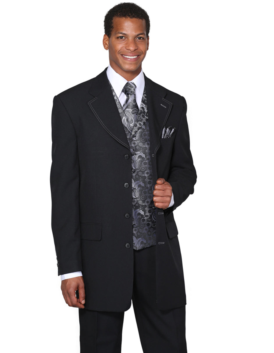 4 Button Wide Notch Lapel Fashion Suit in Black