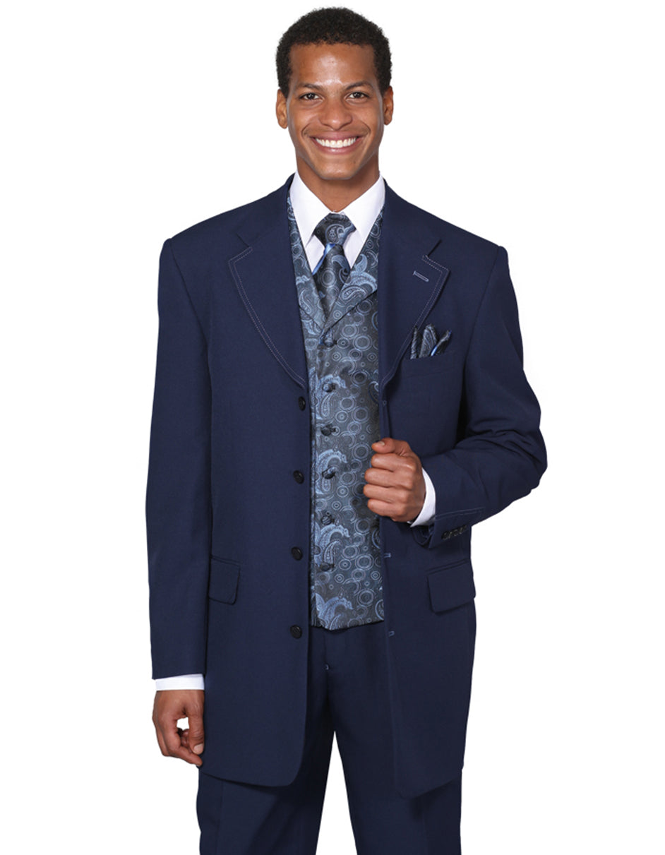 4 Button Wide Notch Lapel Navy Suit for Men