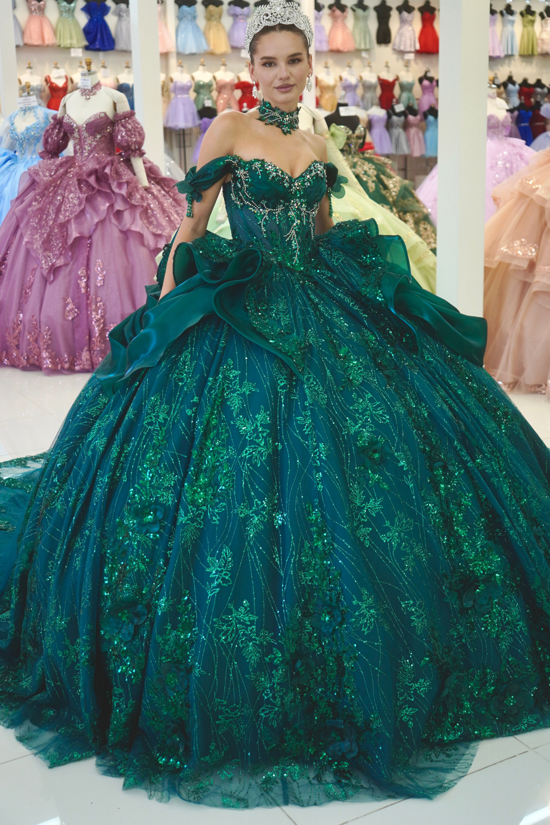 Off-Shoulder Sweetheart Beaded Corset Glitter Ball Gown Quinceañera Dress by Layla K LK313