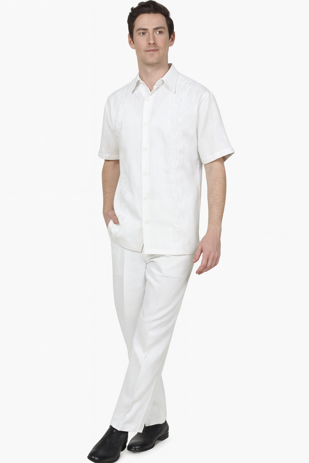 Men’s White Embroidered Guayabera Two-Piece Set – Short Sleeve Shirt and Pants