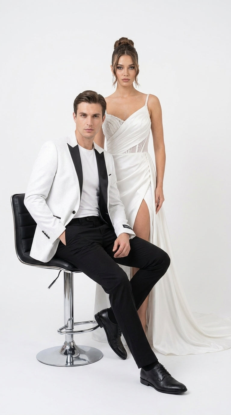 Men's White Sparkle Dinner Jacket – Black Satin Shawl Lapel Tuxedo Blazer Slim Fit Sequin Shiny Prom Jacket