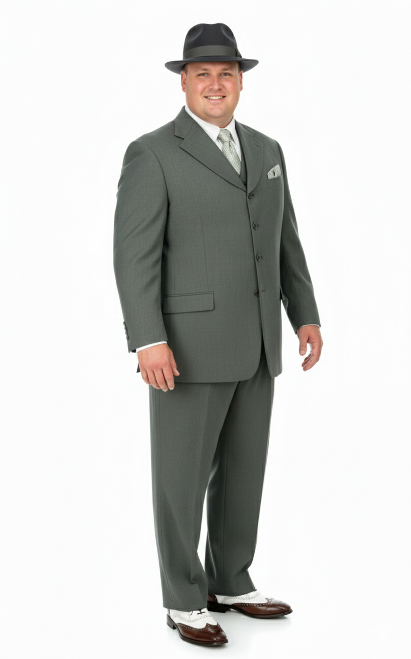 Men’s 1920s Gray Zoot Suit – 4 Buttons Gangster Wide Lapel Long Jacket 3-Piece Suit in Grey Color Classic Fit Pleated Pants