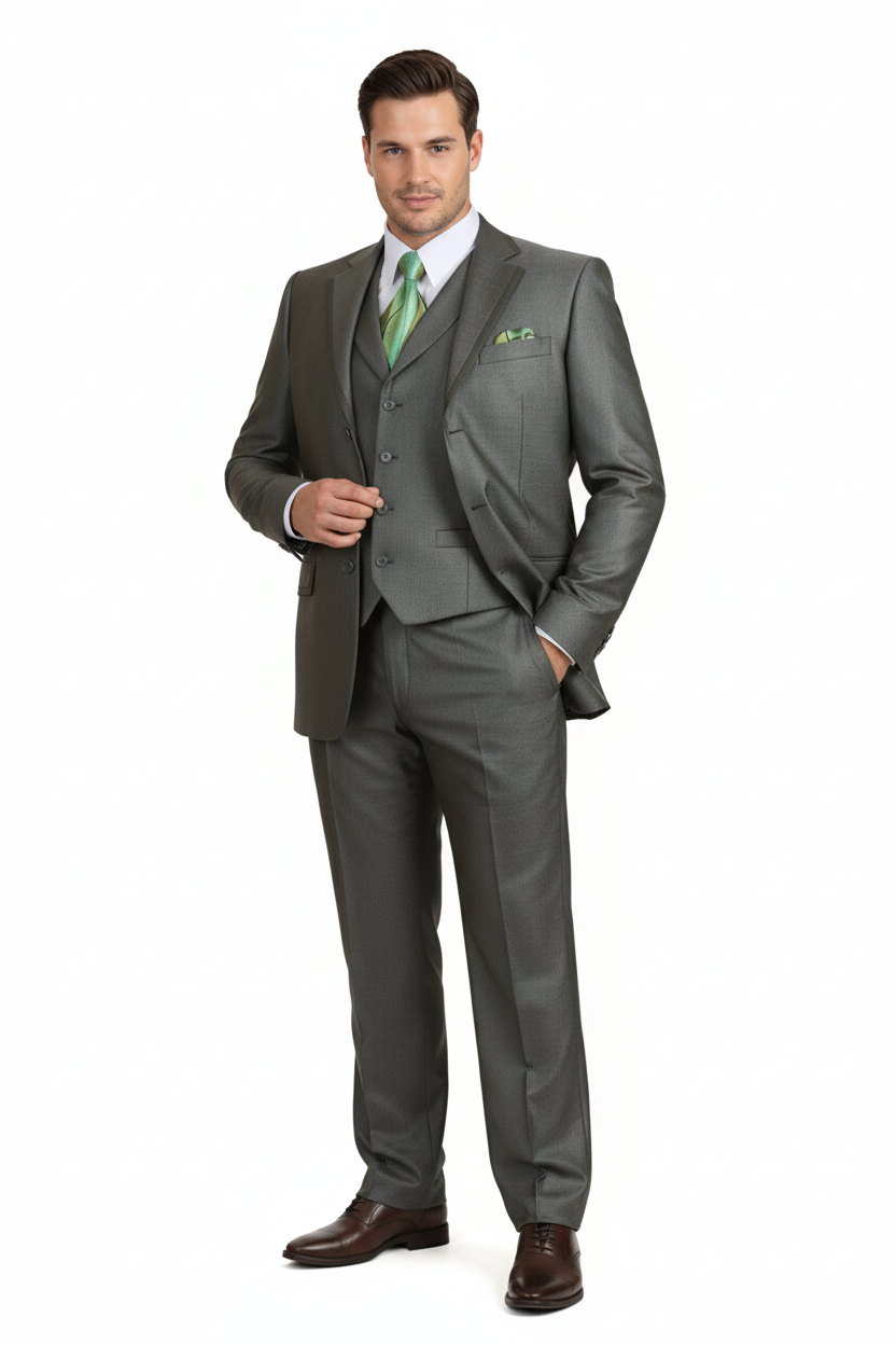 Olive Green Three-Piece Suit Classic Fit, Vest & Tie