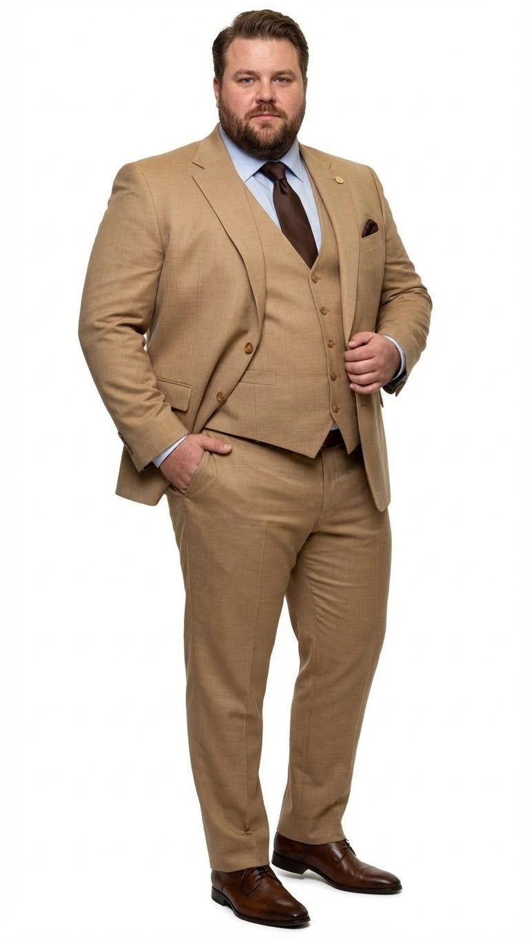 Men's Tan Three-Piece Suit with Vest – Classic Tailored Fit in camel khaki Bronze color By Rossiman