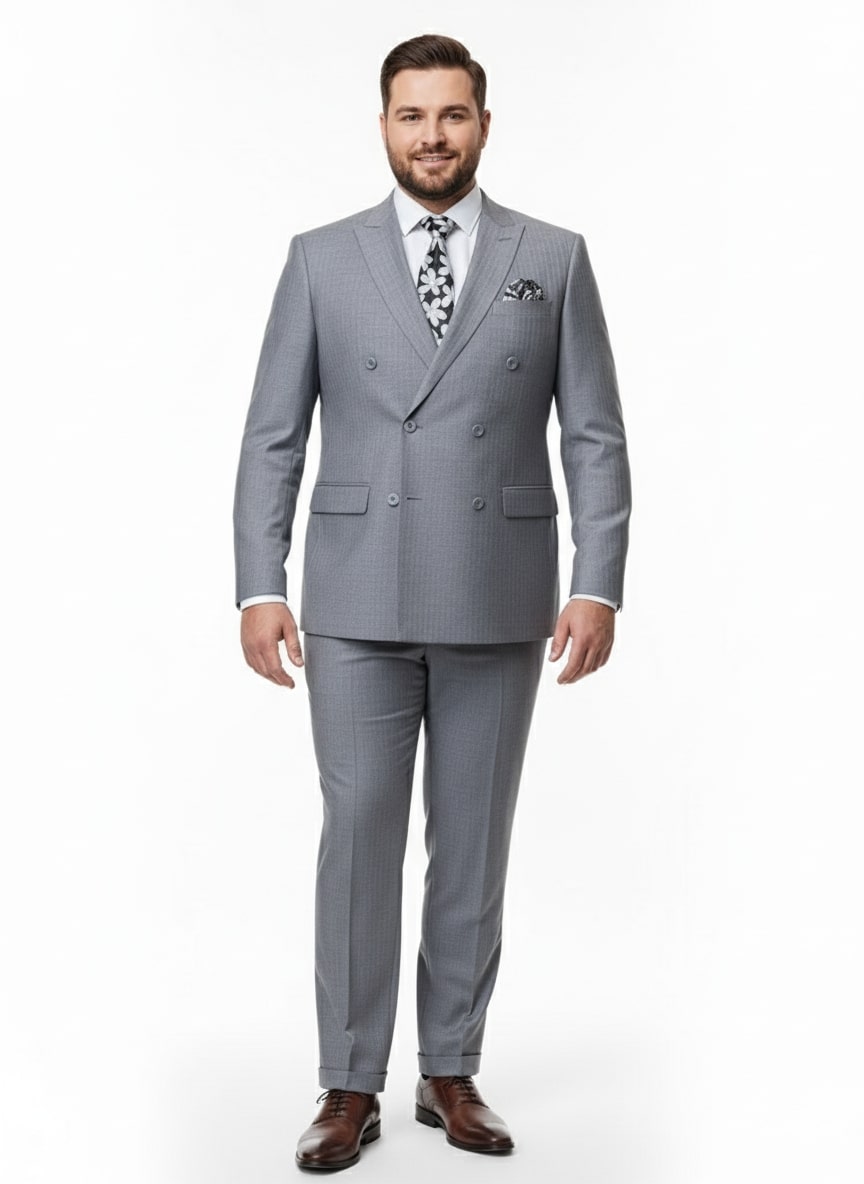 Grey Double-Breasted Slim Fit Suit