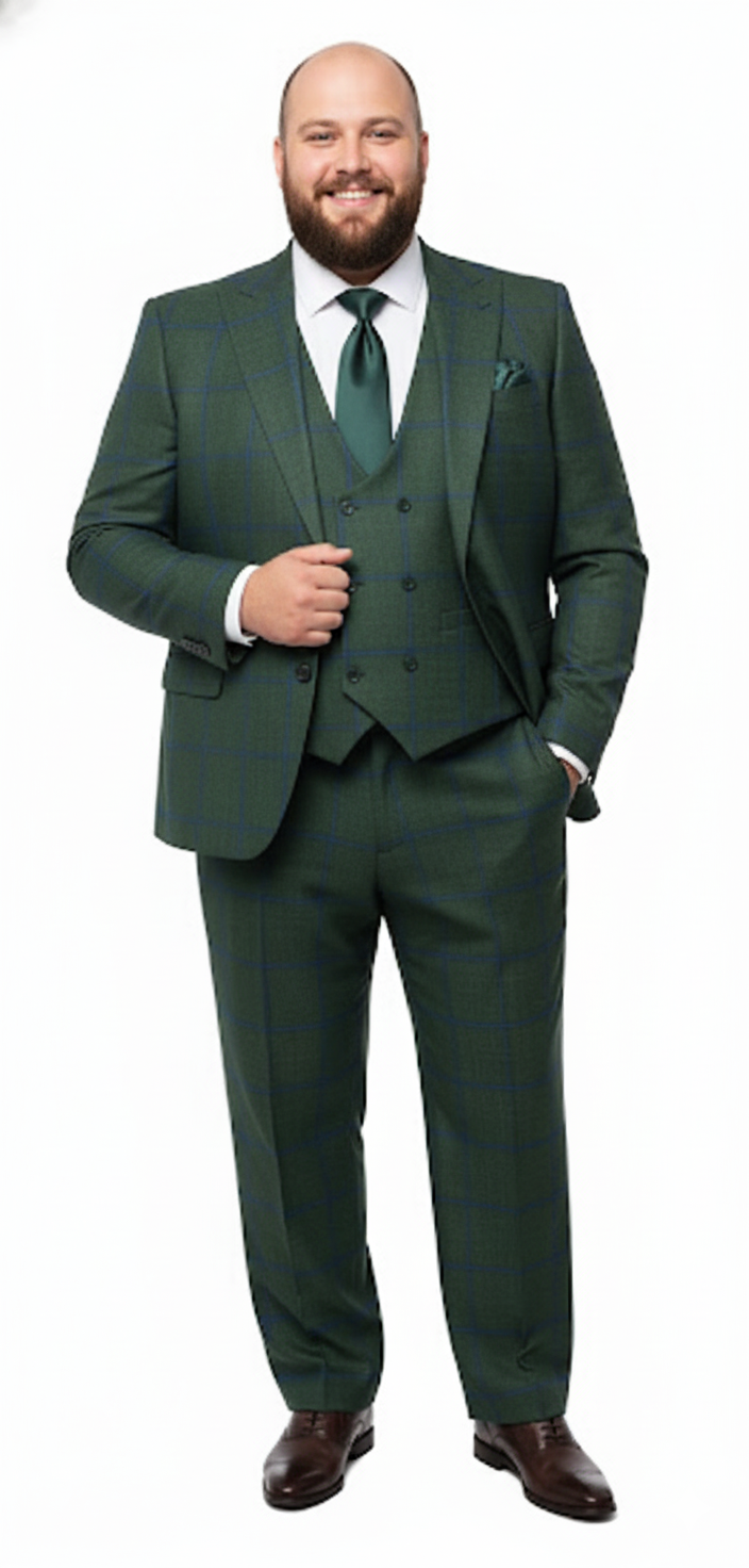Men’s Green Plaid Classic Slim 3-Piece Suit
