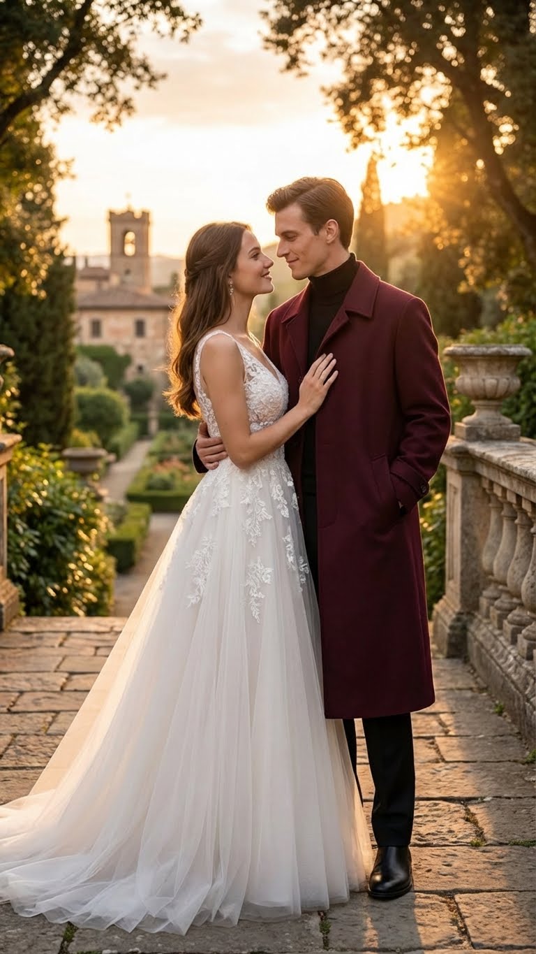 Men’s Full-Length Burgundy Overcoat – Microfiber 4 season fabric Long Formal Coat with Classic Tailored Maxi Duster Coat