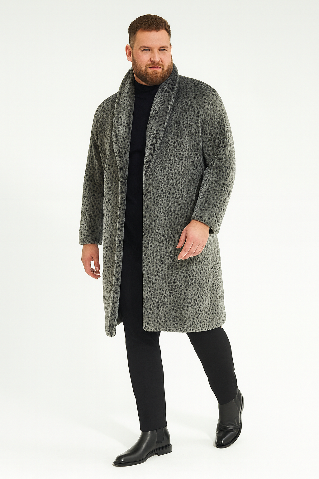 Men’s Grey Faux Fur Animal Print Overcoat