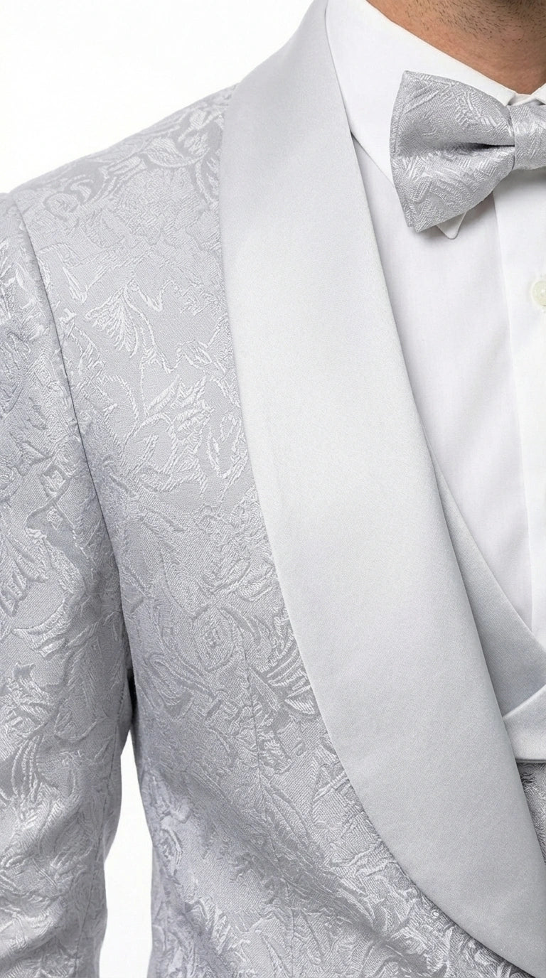 Mens Light Silver Wedding Tuxedo Suit – Paisley Fabric Three Piece Formal Suit Set with Shawl Lapel for Groom, Prom, Gala and ice Grey