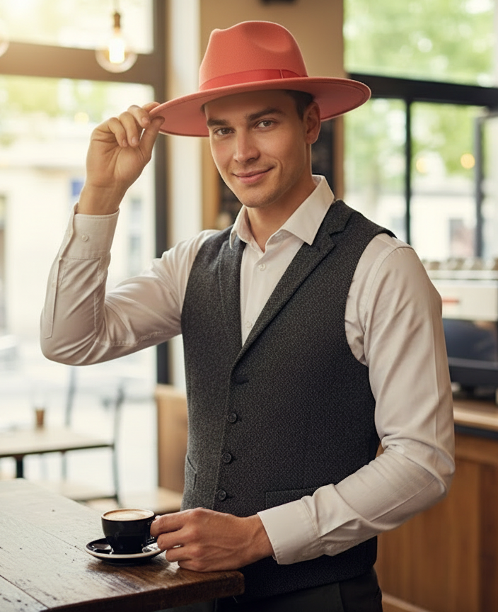 Coral Pink Wool Felt Fedora with Red Ribbon