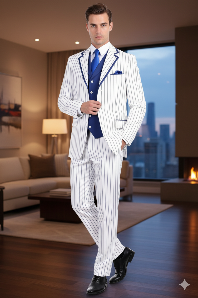 White and Royal Blue Pinstripe 3-Piece Suit