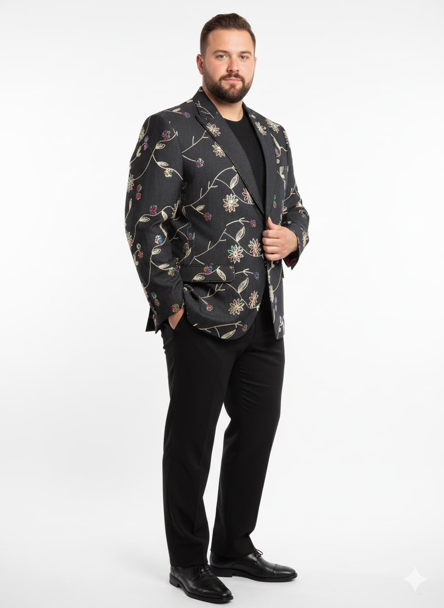 Black Floral Embroidered Designer Men's Blazer