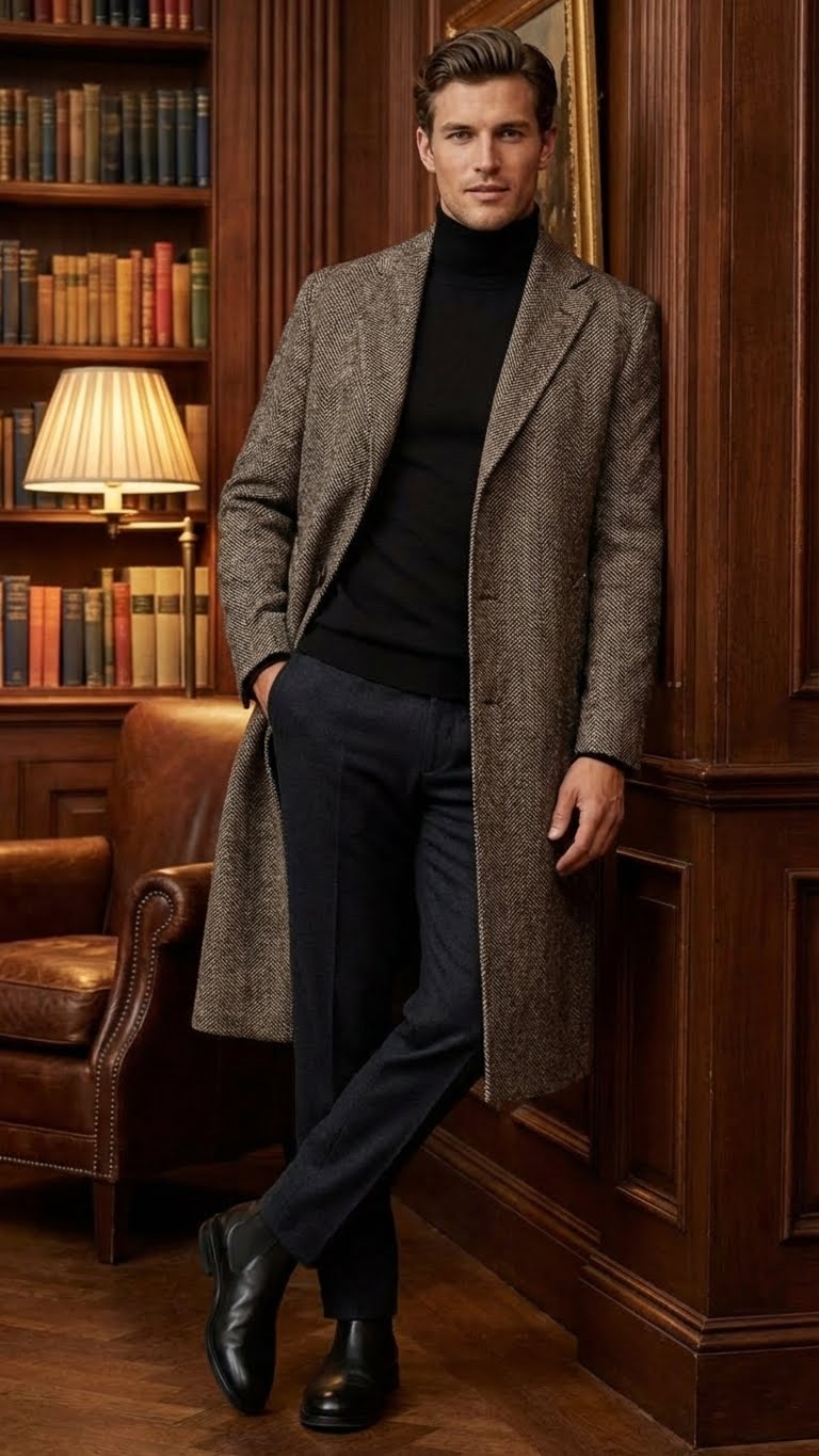 Men’s Black & Grey Herringbone Tweed Wool Blend Overcoat – Classic Single-Breasted Winter Blazer Carcoat