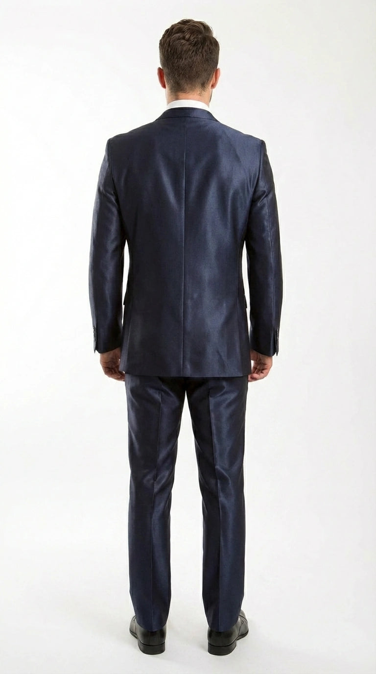 Men’s Navy Blue Sharkskin 3 Piece Suit – Two Button Vested Sleek Formal Suit for Wedding, Prom, Business and Party Wear