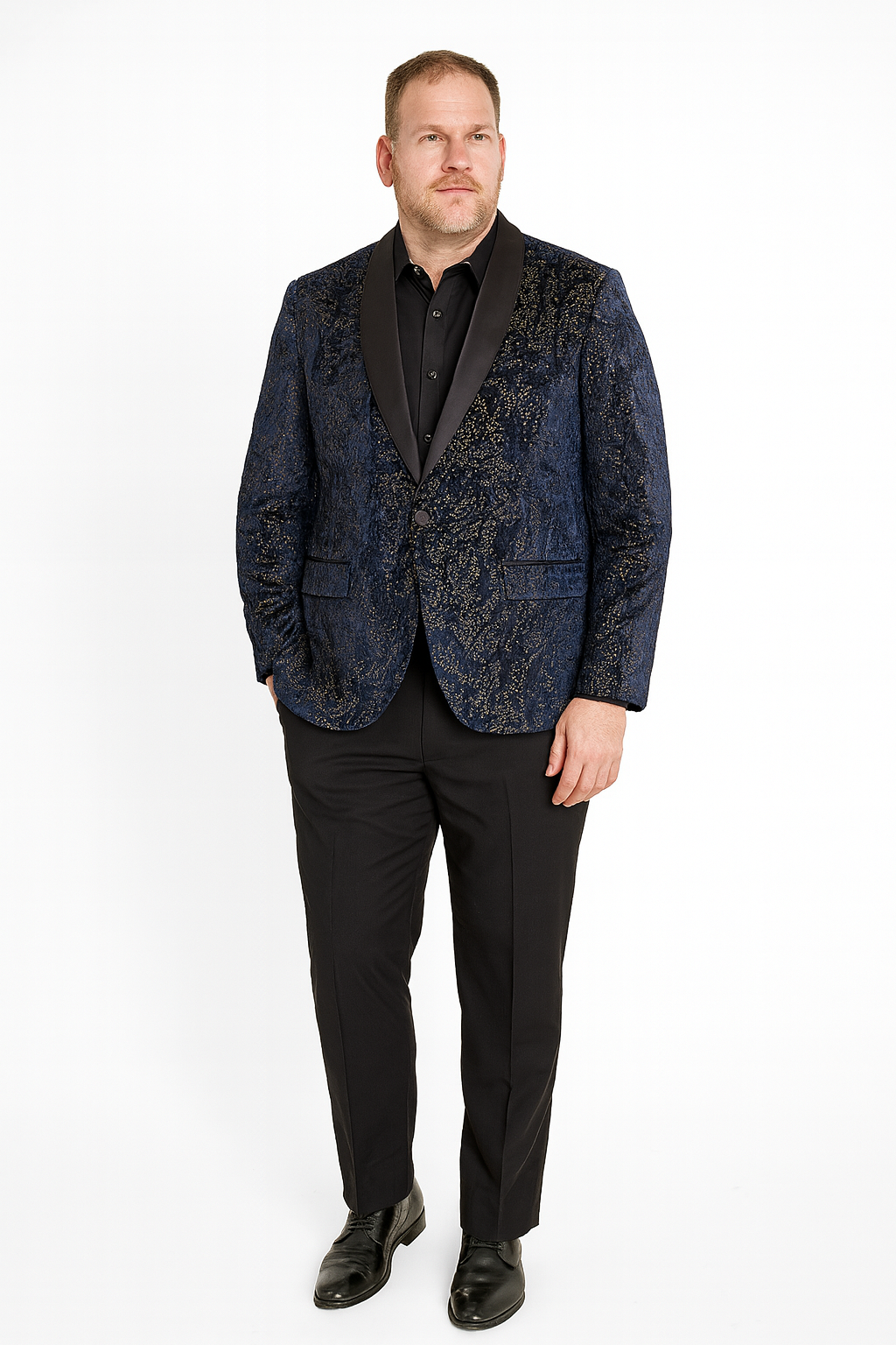 Navy Blue Sequin Tuxedo Jacket with Satin Lapel