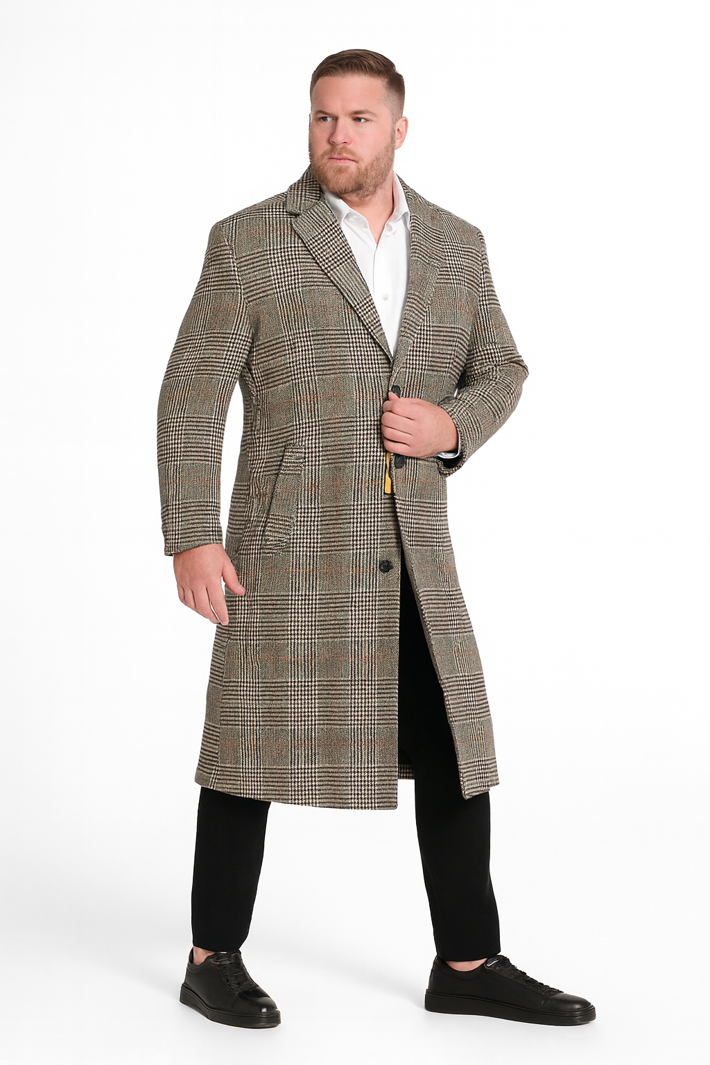 Long Plaid Checkered Wool Blend Overcoat for Men