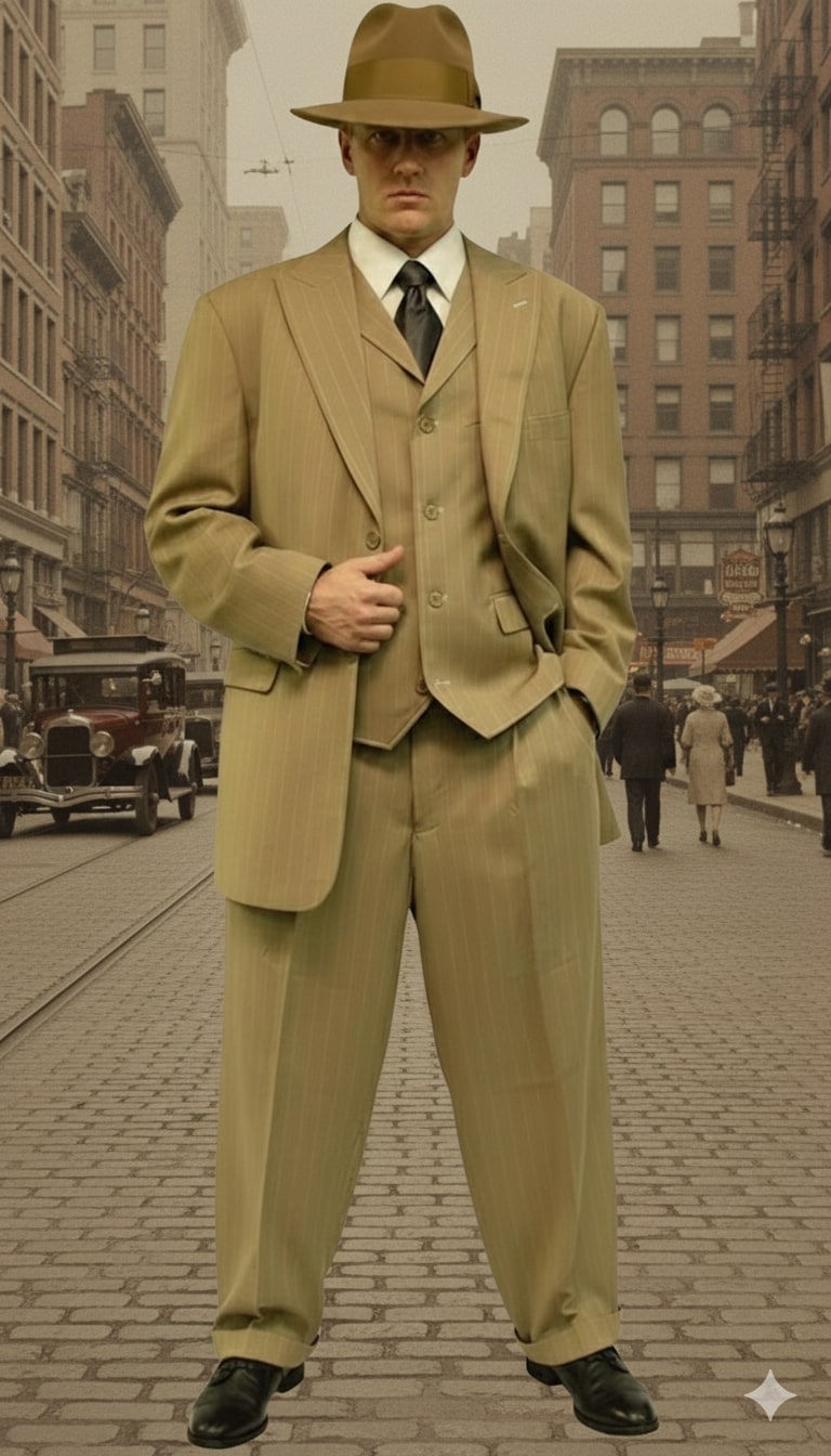 Mens Tan Pinstripe 1920s Gangster Zoot Suit