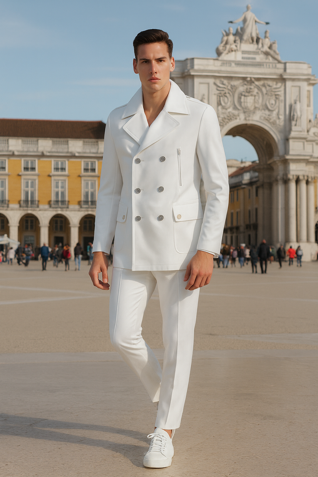 Men’s White Double-Breasted Wool Peacoat Slim Fit