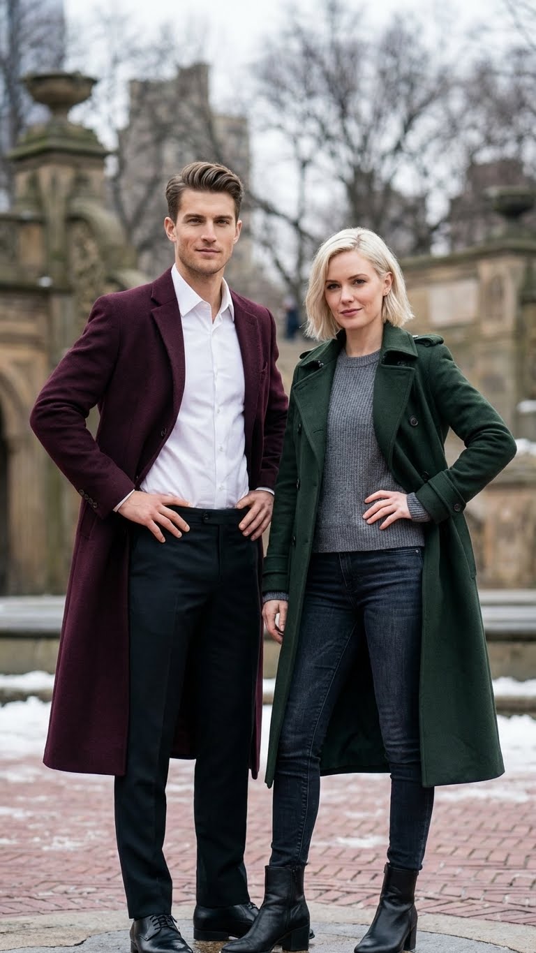 Men’s Burgundy Long Coat – Classic Fit Wool Blend Overcoat - Topcoat Full length