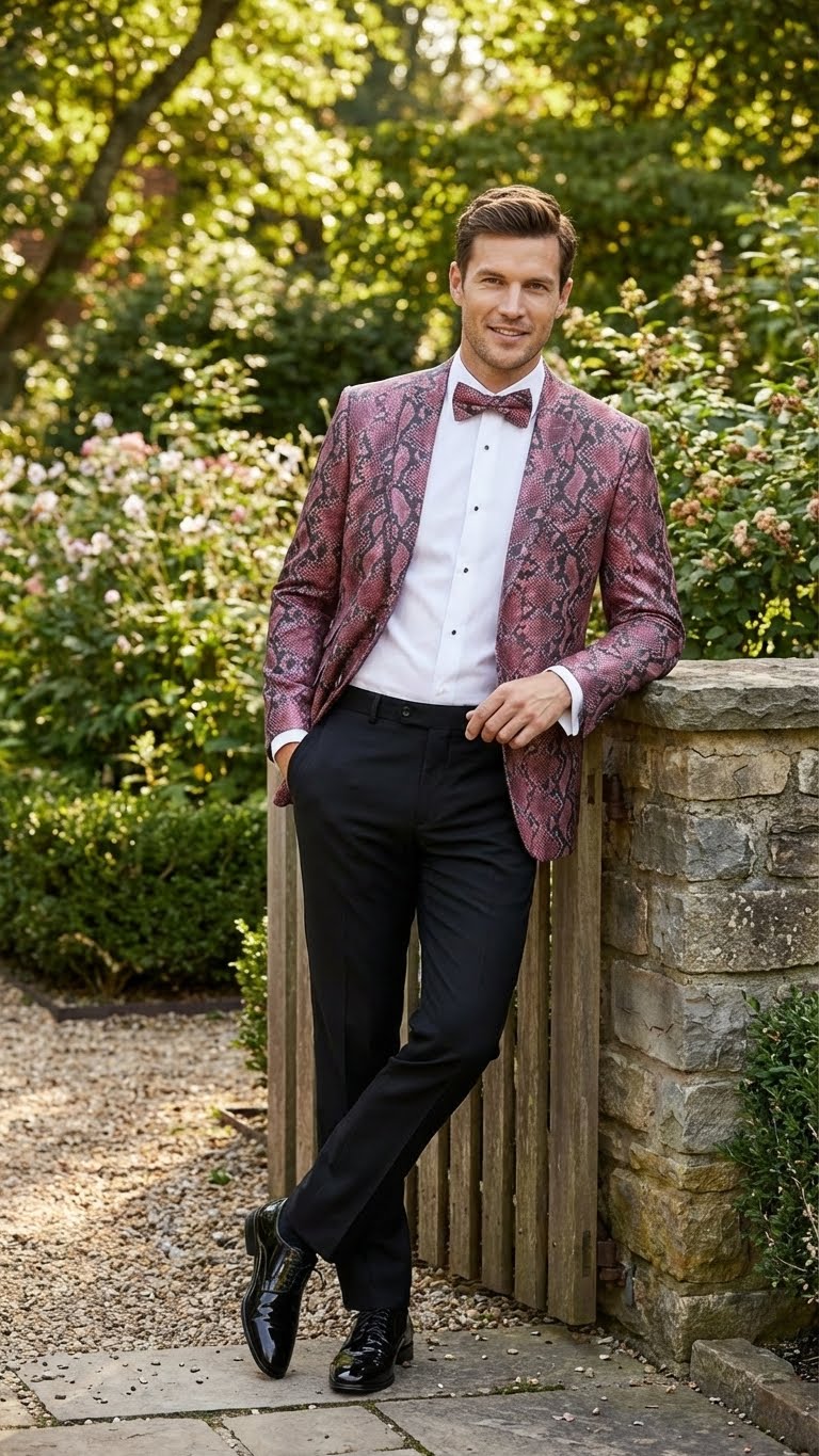 Men’s Burgundy and Black Snakeskin Print Blazer – Alligator Crocodile Sport Jacket Exotic Skin