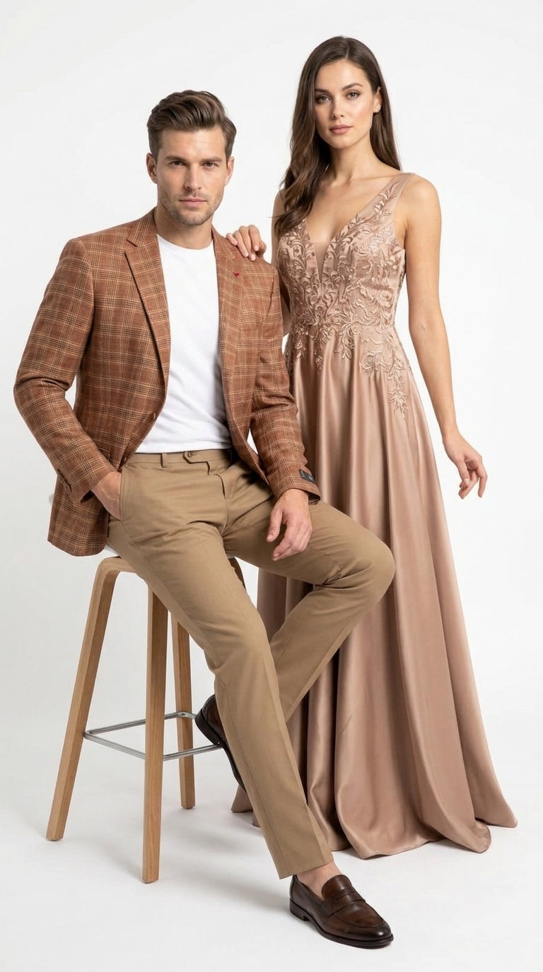 Vitali Men’s Rust Copper Brown Plaid Blazer with Tan Pants – Classic Windowpane, Business and Smart-Casual Birck color Suit