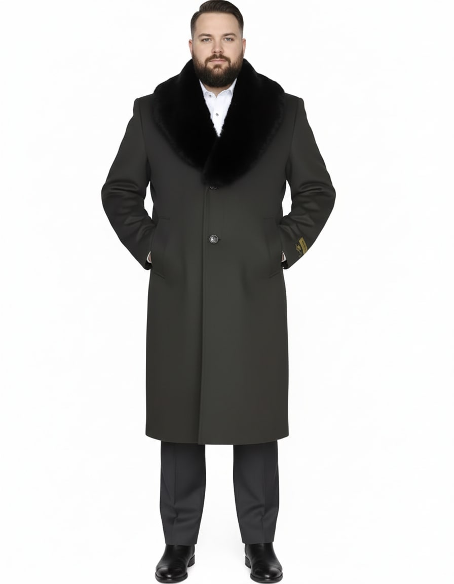 Mens Full Length Olive Overcoat with Black Fur Collar – Luxury Wool Fabric Winter Long Coat in Hunter Green