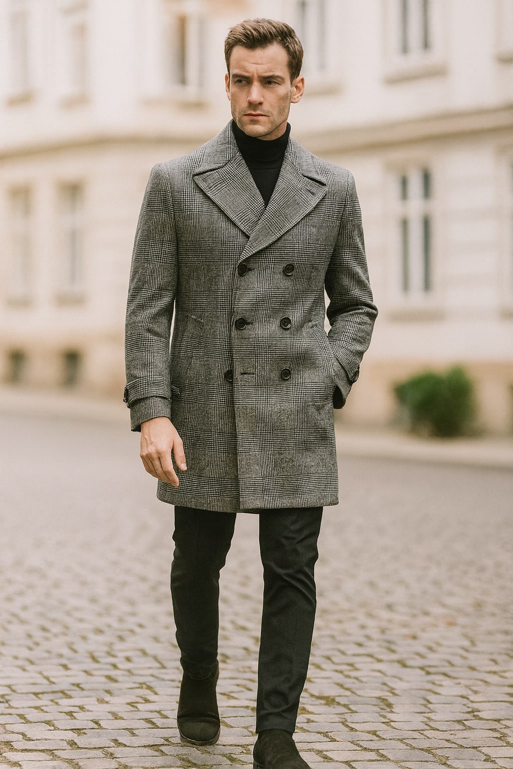 Grey Plaid Double-Breasted Overcoat with Faux Fur Collar