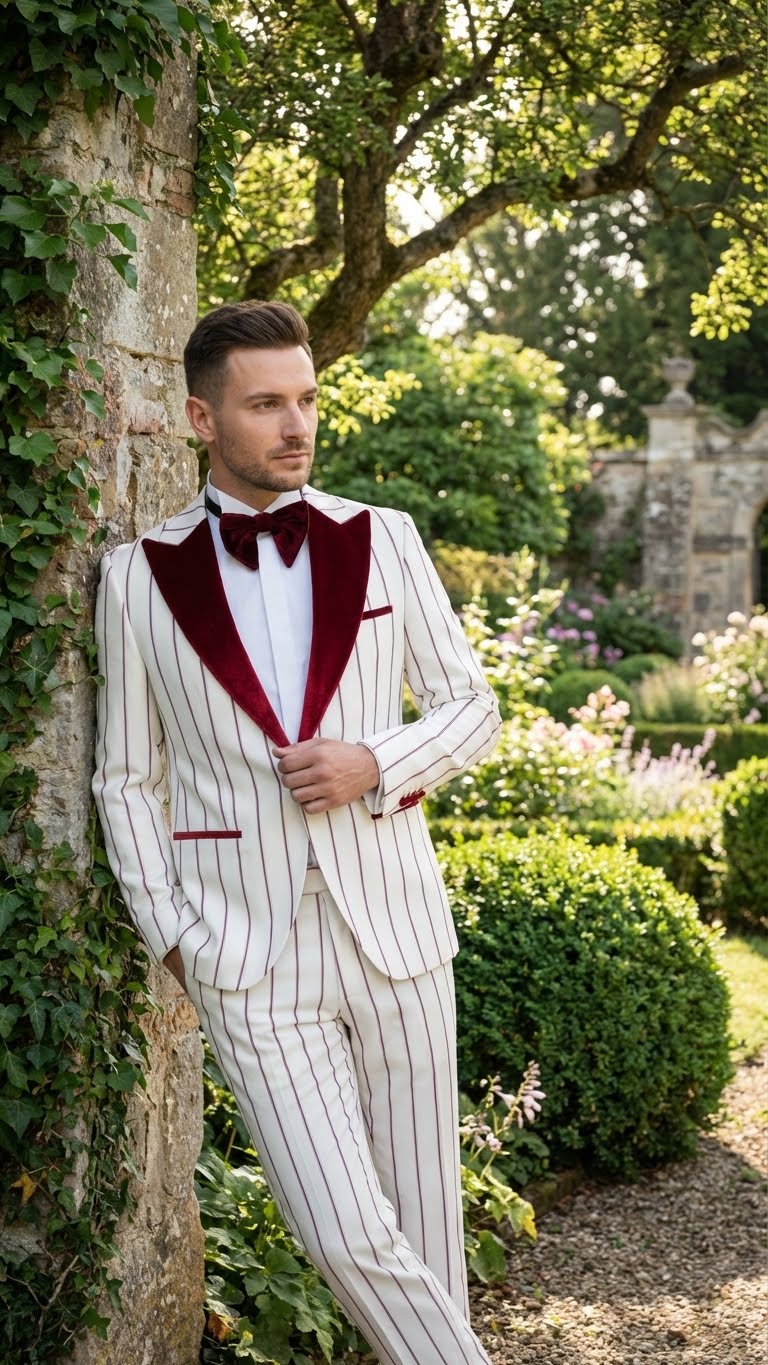 Men’s White and Dark Red Pinstripe Tuxedo with Velvet Shawl Lapel – Formal Dinner Blazer Prom Christmas New Year Holiday Suit
