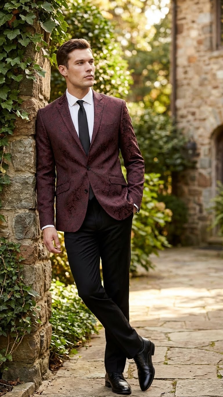 Men’s Burgundy Paisley Blazer Sport Coat – Velvet Dinner Jacket floral in Maroon Wine Color Ultra Slim Fit Smoking Jacket