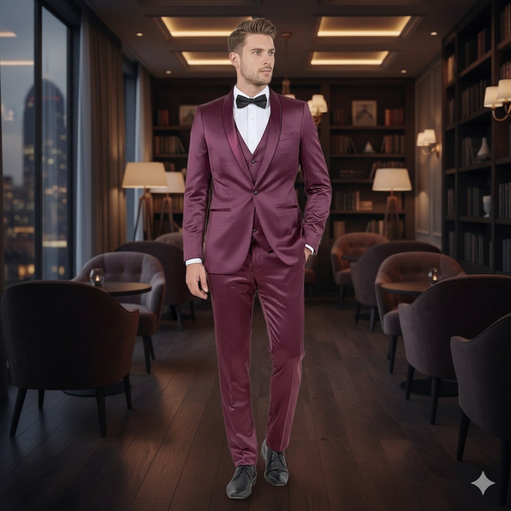 Burgundy Slim Fit Sateen Tuxedo with Shawl Lapel