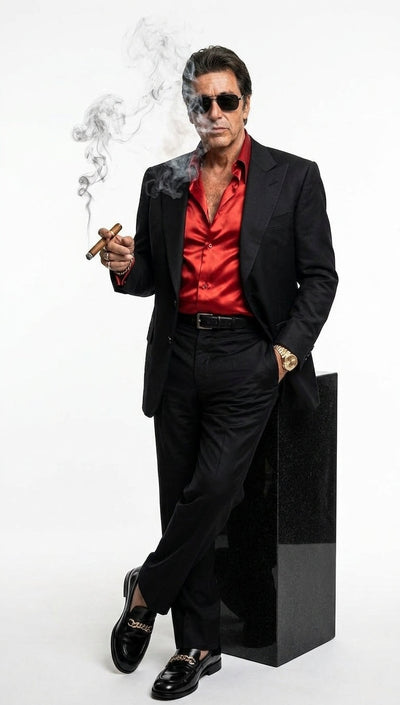 Tony Montanaβs Black Blazer with Red Sateen Shirt β Menβs Black Formal Blazer and Red Satin Style Shirt Outfit for Party, Wedding and Vintage Wear