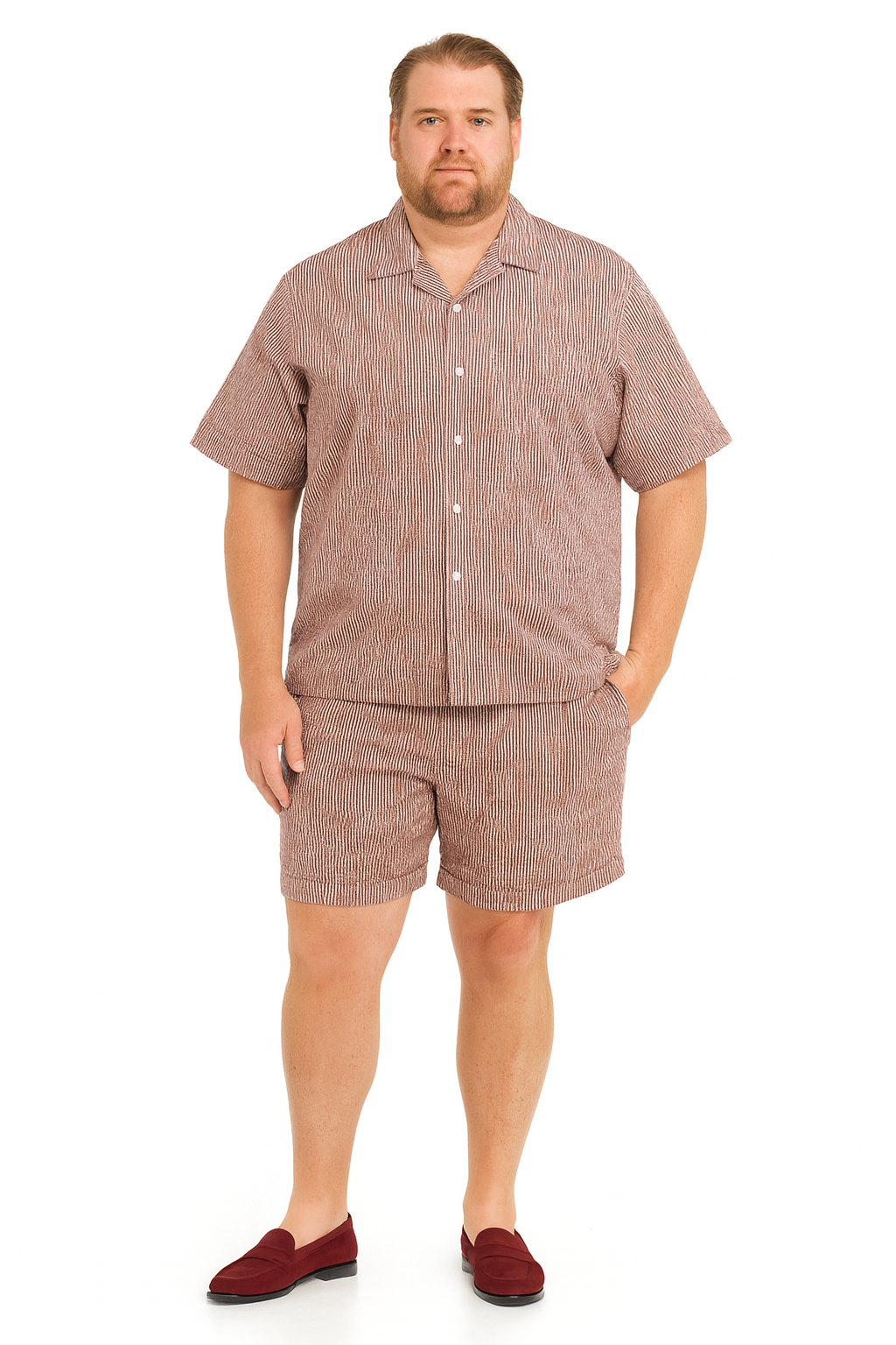 Men’s Burgundy Reddish Seersucker Short Set Walking Suit – Two-Piece Cuffed Shorts with Expandable Waist