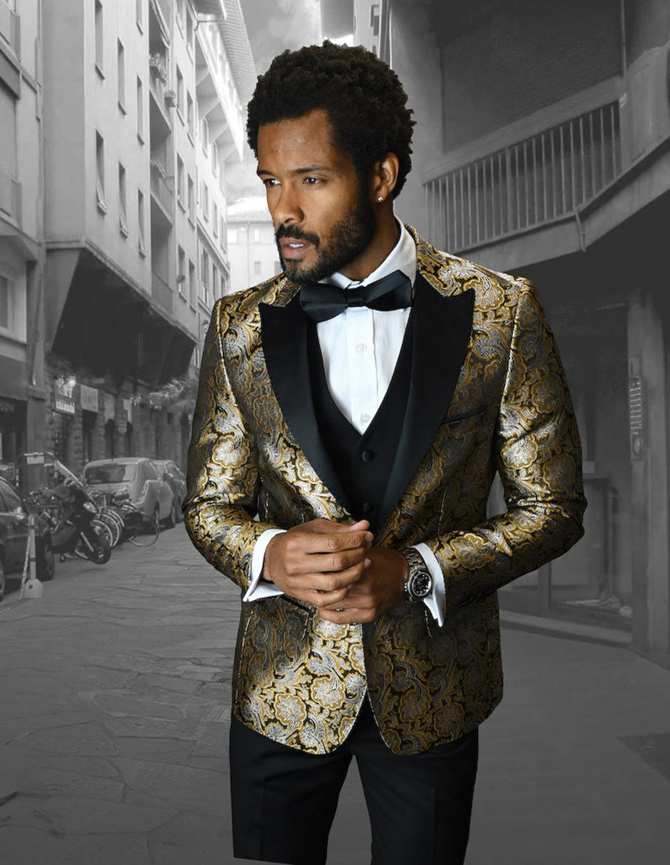 Gold Peak Lapel Floral Vested Tuxedo