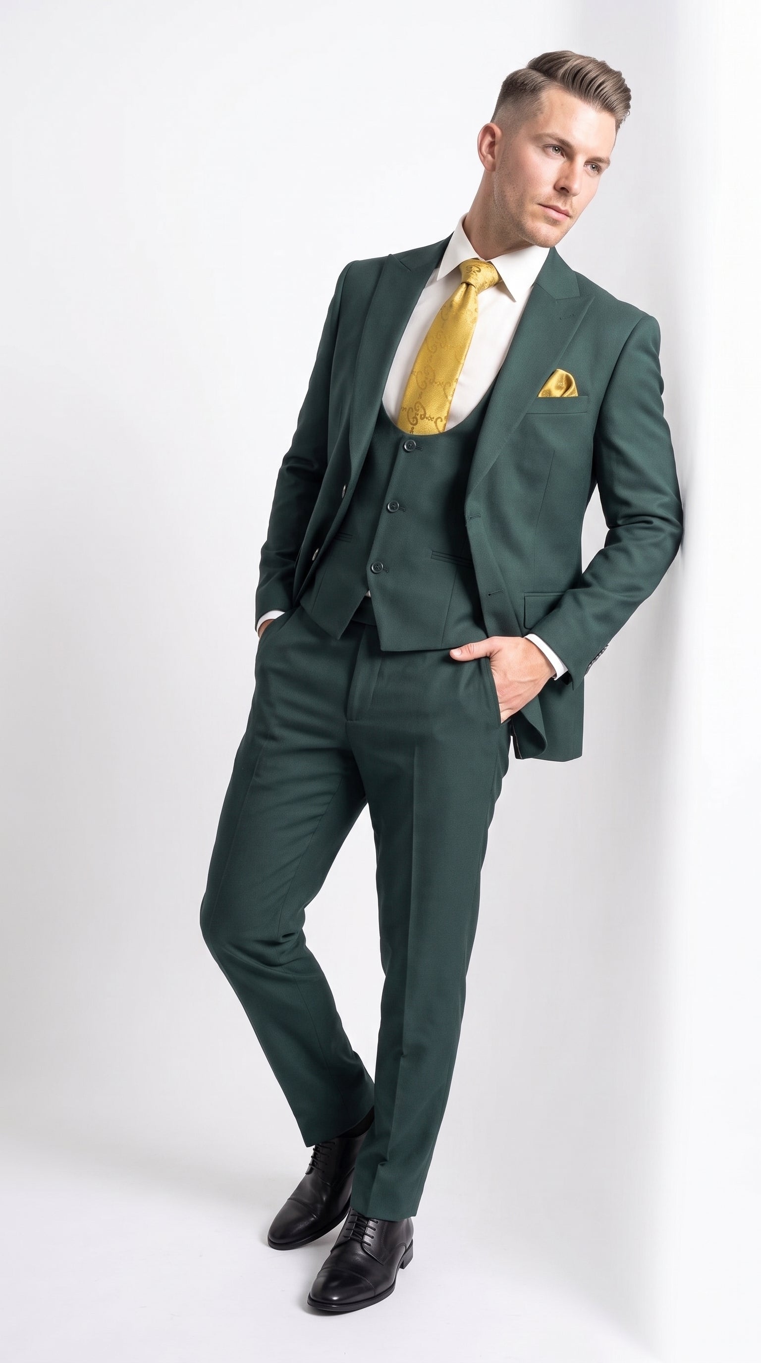 Mens Vitali 3 Piece Suit W/Scoop Vest Hunter Green 3-Piece Suit –, Big Peak Lapel Vest and Pants Modern Fit Two Buttons