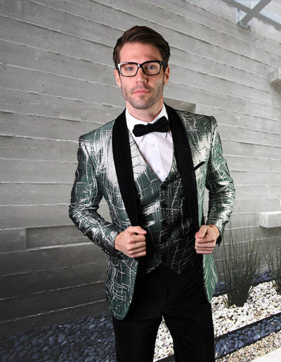 One Button Green Organic Print Prom Tuxedo
