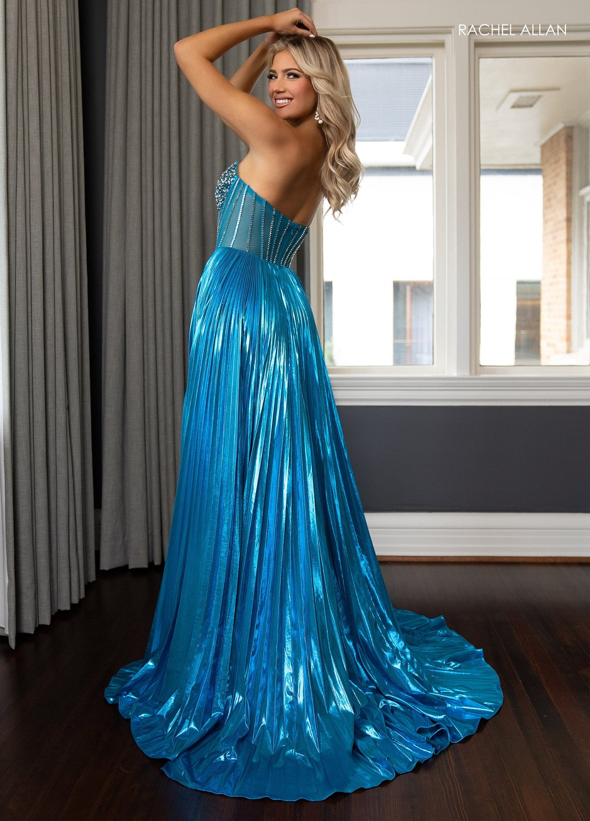 Rachel Allan 70709 Metallic Strapless A-line Slit Gown