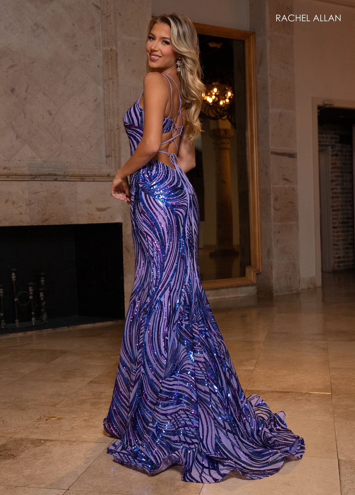 Rachel Allan 70721 Sequin Print V-Neck Slit Gown