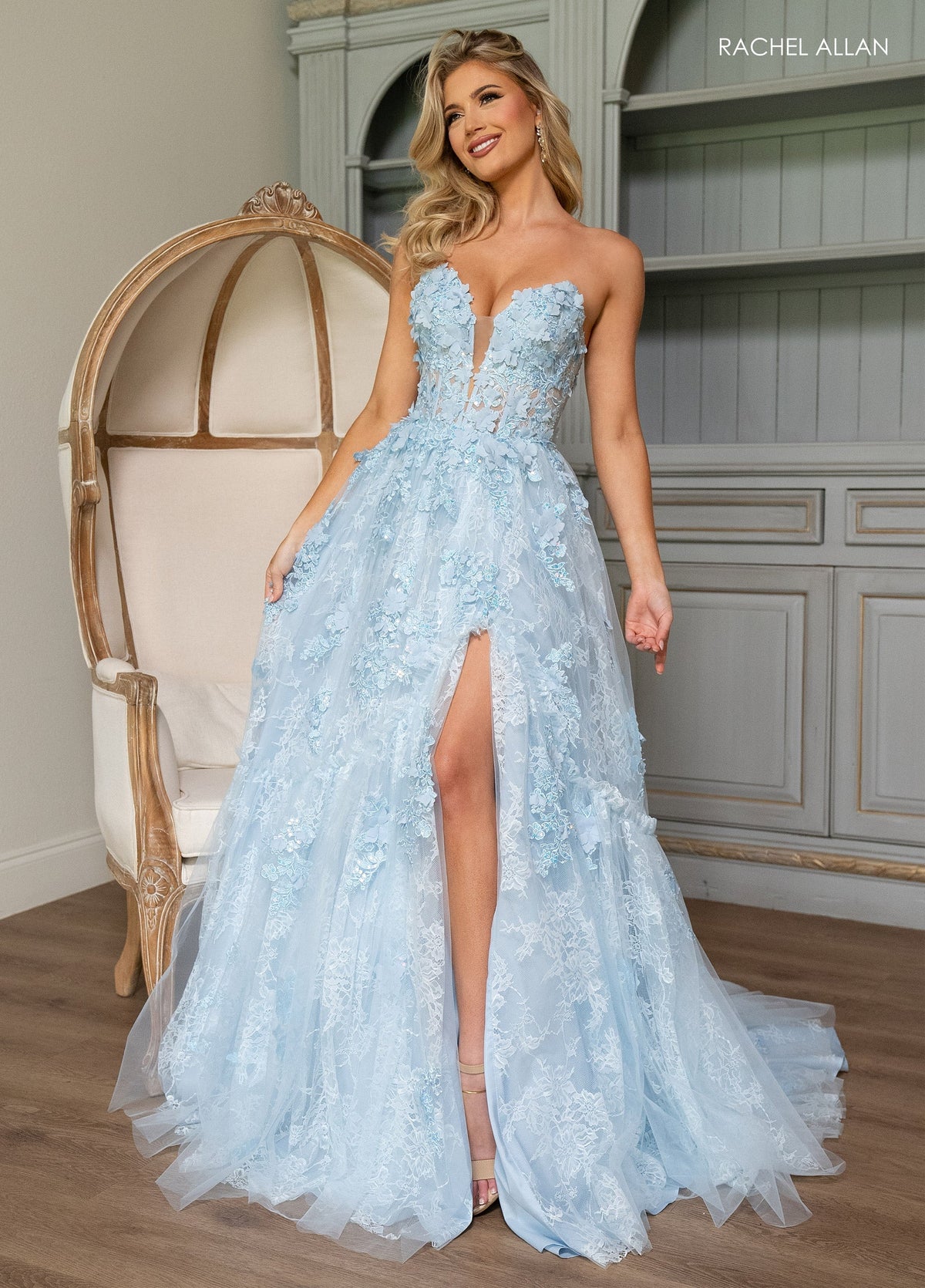 Rachel Allan 70724 3D Floral Strapless A-line Slit Gown
