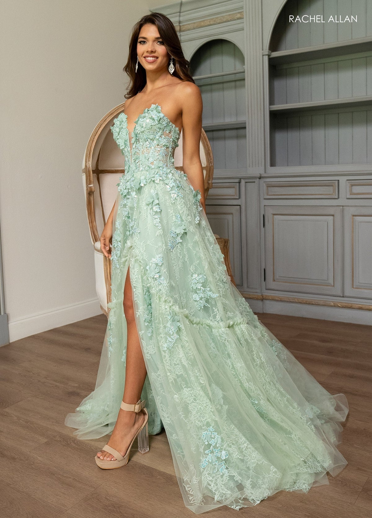 Rachel Allan 70724 3D Floral Strapless A-line Slit Gown