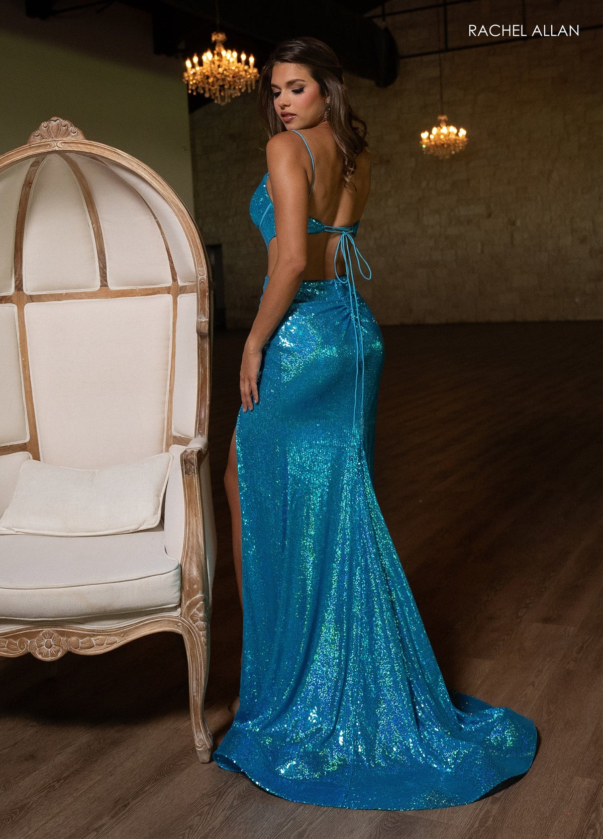 Rachel Allan 70732 Hologram Sequin Cut Out Prom Dress Spaghetti Straps Sexy Evening Gown